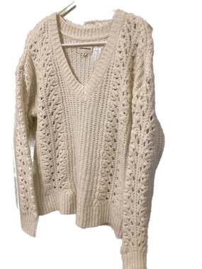 Lucky Brand Cream Pointelle V-Neck Knit Sweater Size M